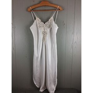 Vintage Dentelle Slip Dress Gown M White Polyester Satin Guipure Lace Slits USA